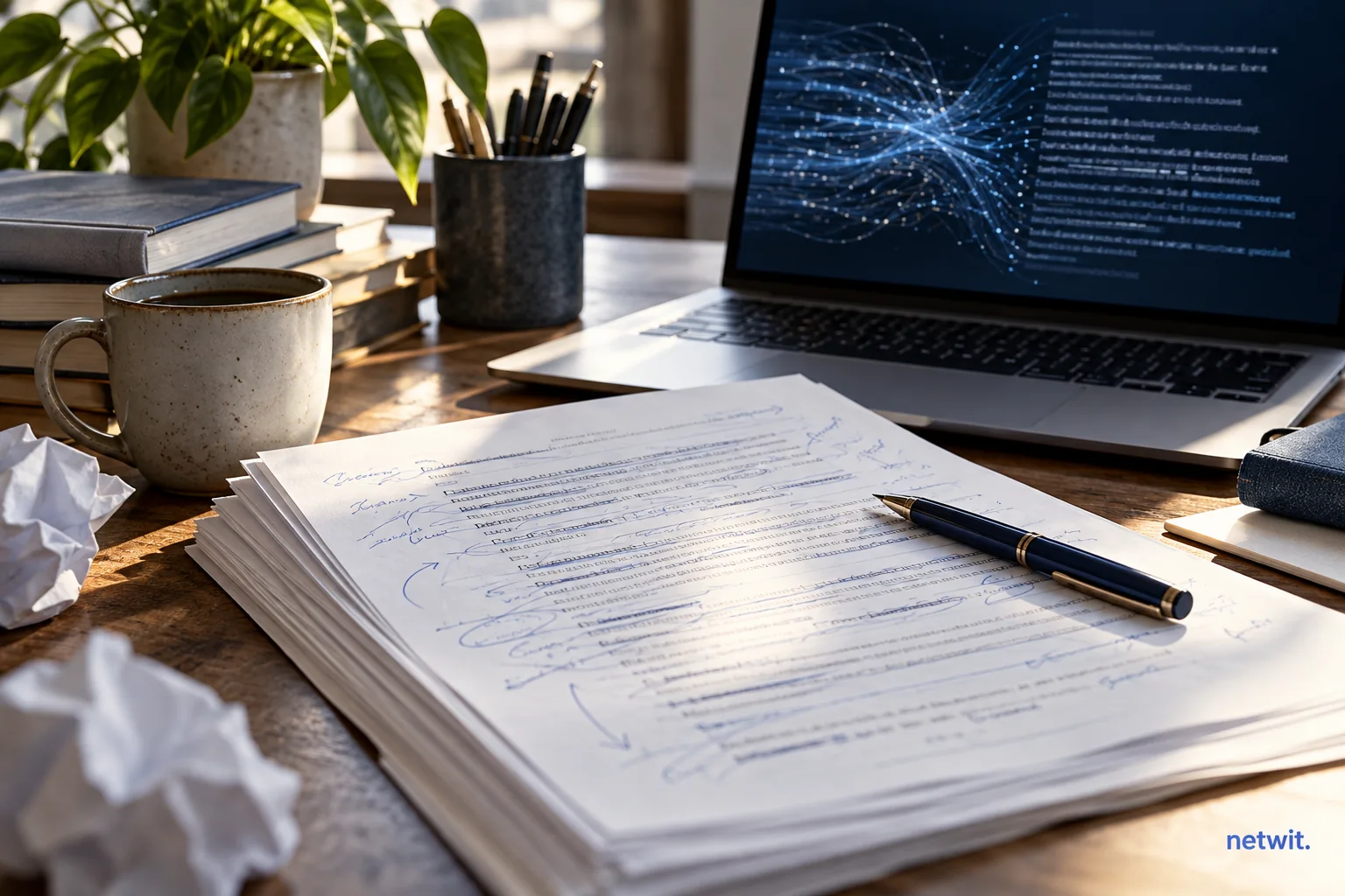Author's desk with a heavily annotated manuscript, pen and laptop showing abstract unreadable generated text, editorial close-up.