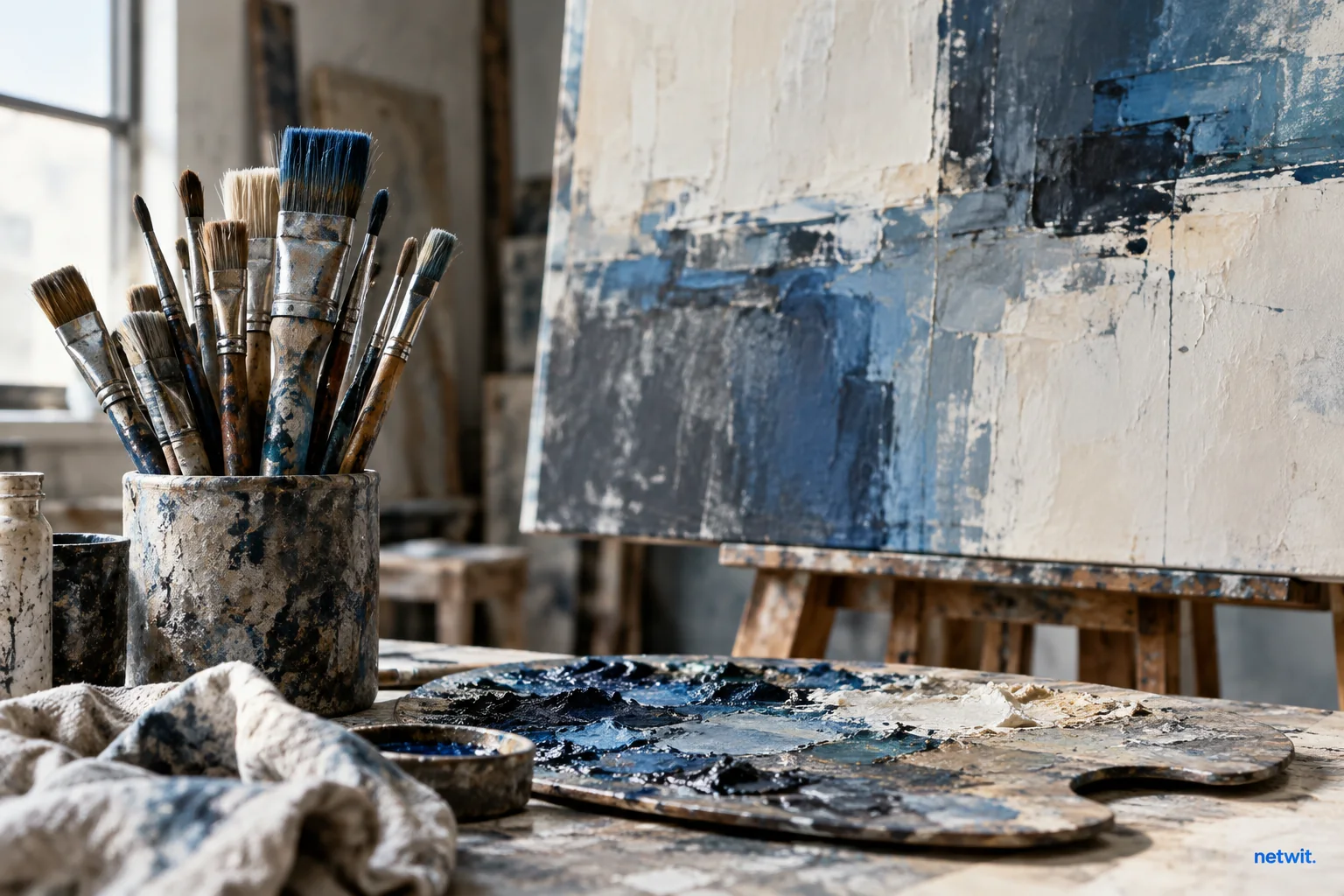 An artist's worn paintbrushes and stained palette in the foreground, unfinished original abstract canvas behind, no recognizable art.