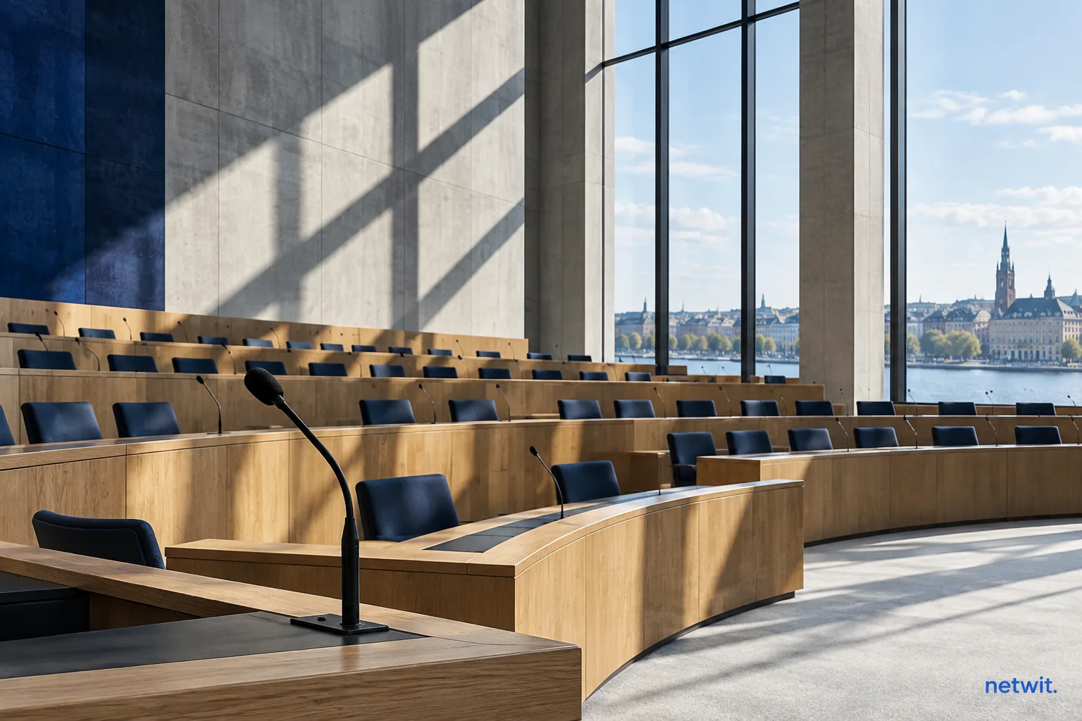 A quiet debating chamber with curved wooden seating and a microphone.
