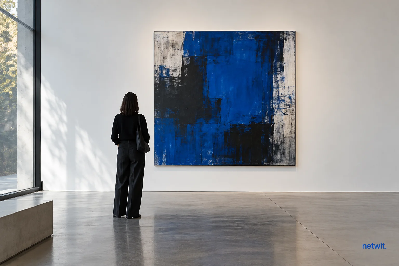 A visitor considering an abstract painting in a gallery.