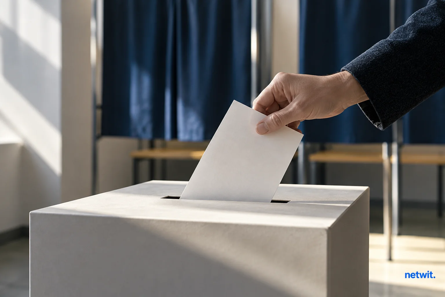 A hand holding an unmarked ballot above a simple ballot box, quiet civic polling booth, close-up.