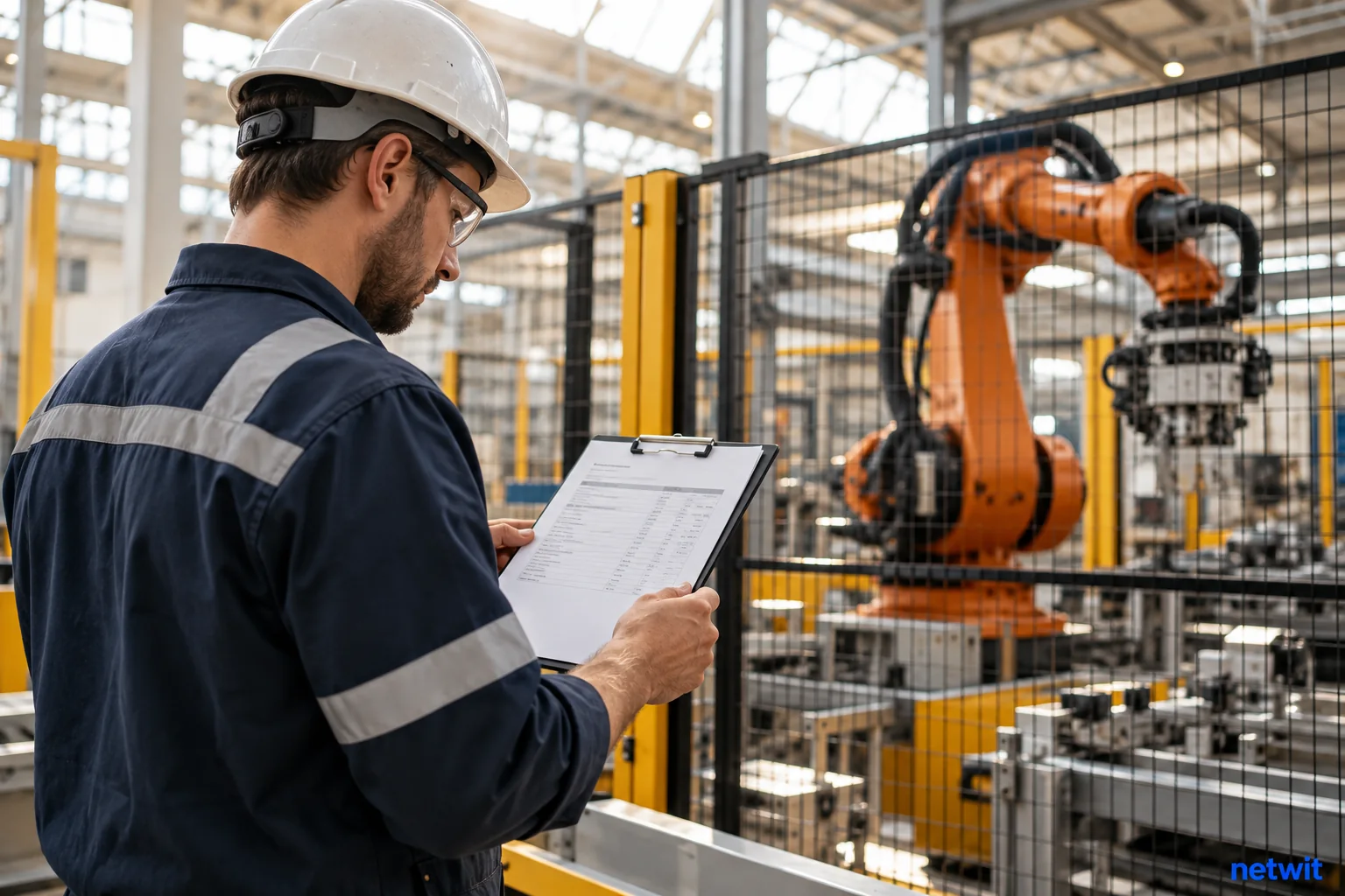 Factory worker beside a modern industrial robot behind a safety barrier, worker reviewing a plain payslip on clipboard, natural industrial skylight, realistic safe setting..