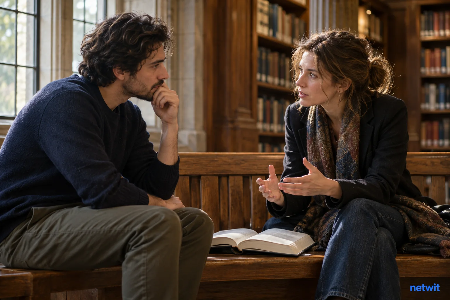 Two adults in thoughtful discussion on a quiet library bench, open philosophy book between them, listening respectfully, side view, natural window light..