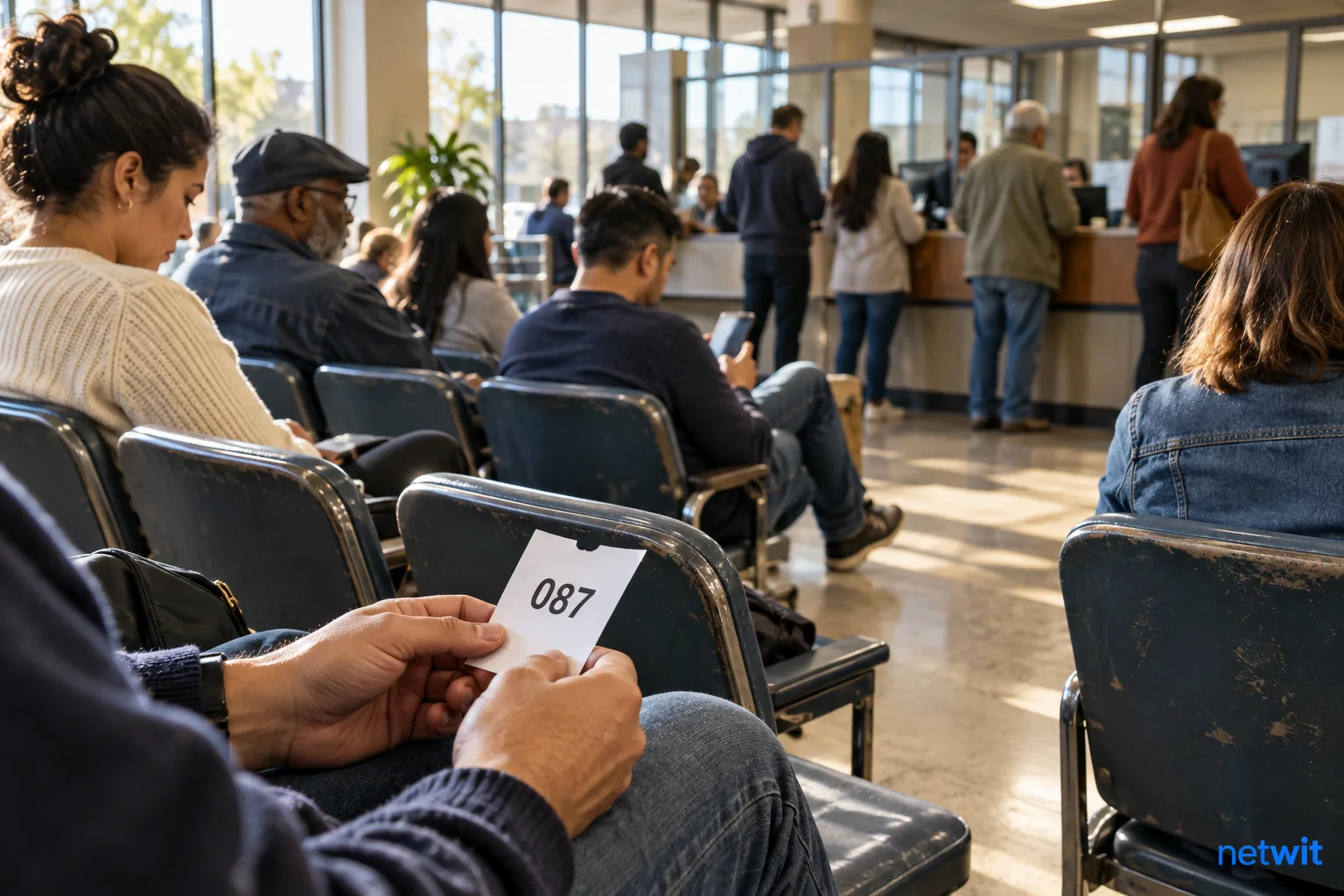 A diverse group of adults waiting patiently in a municipal service center, numbered queue ticket held in foreground, realistic worn seats, sunlit windows.
