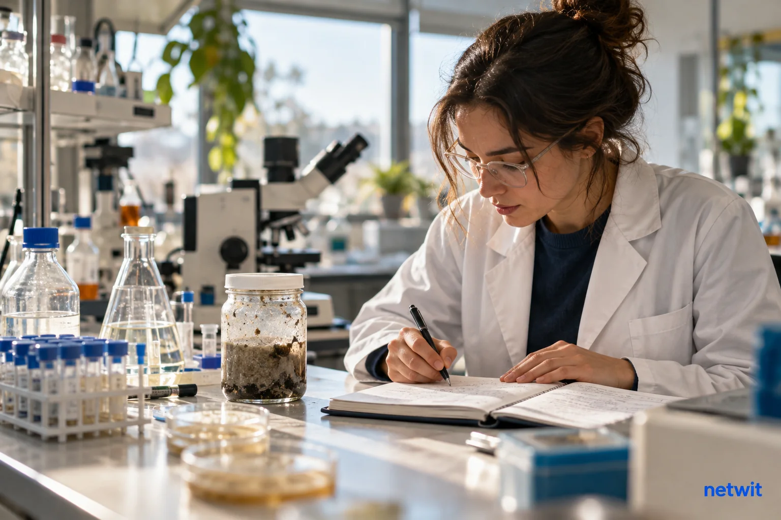 A realistic research laboratory bench with imperfect experimental samples, glassware and a scientist annotating a notebook beside one visibly unsuccessful sample, daylight, no dramatic chemicals..