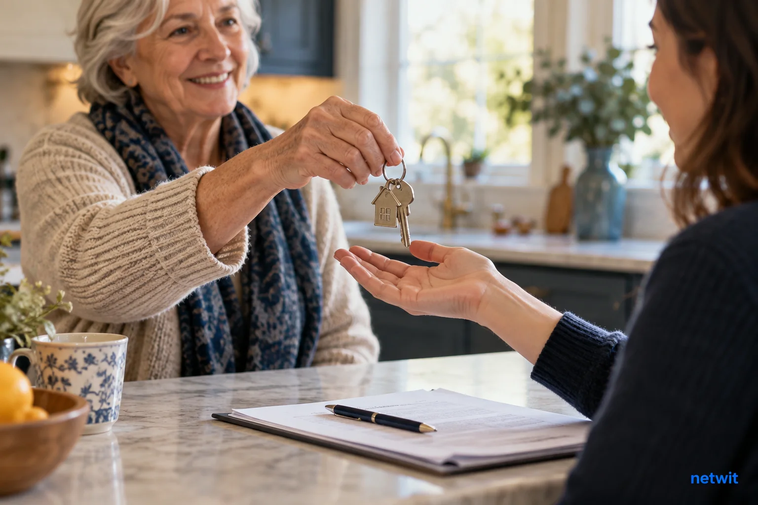 Older and younger adult hands exchanging a house key across a kitchen counter with paperwork nearby, generous but respectful gesture, comfortable natural morning light..