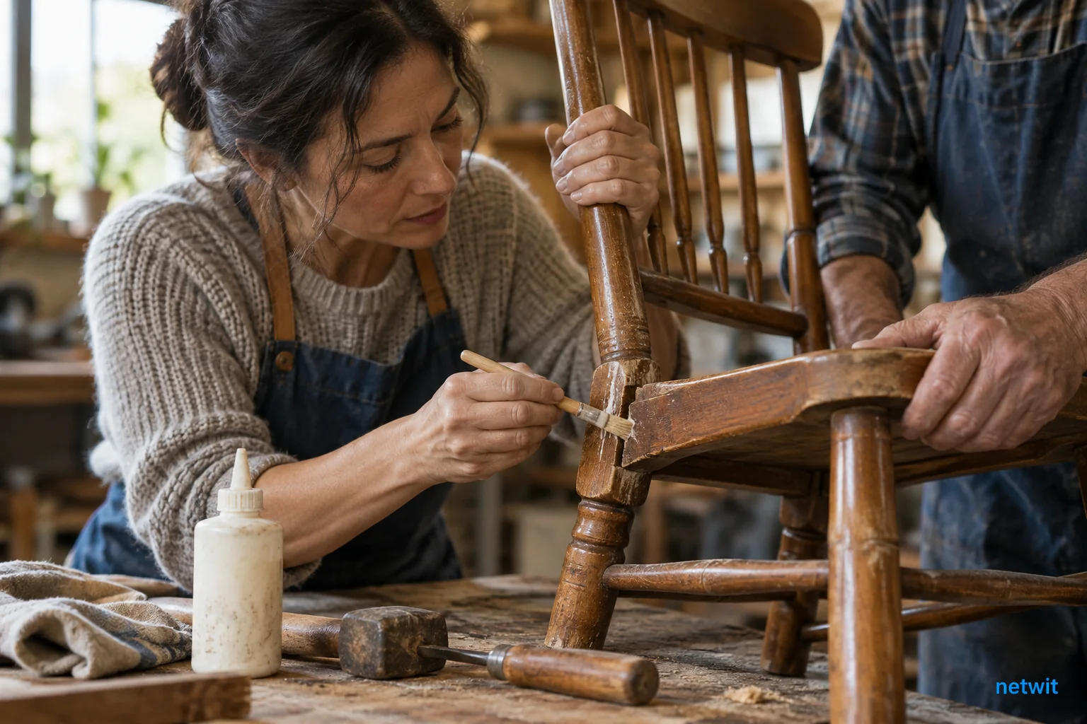 Close-up hands carefully repairing a cracked wooden chair in a modest community workshop, tools and fresh wood glue, another adult stabilizing it, action representing making amends..