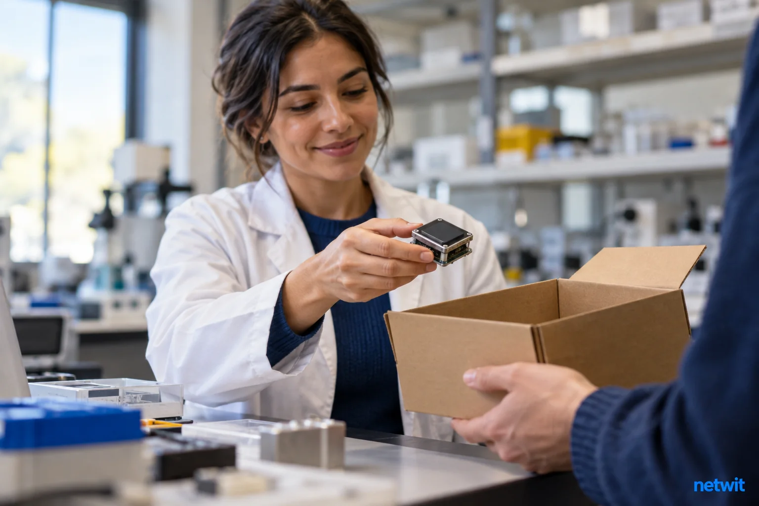 University laboratory researcher holding a small prototype sensor while another hand places it into a plain commercial shipping box, shelves softly blurred, realistic daylight..