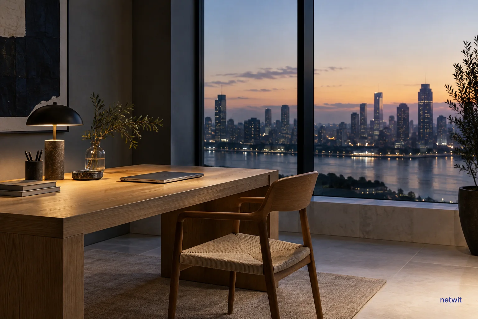 A quiet workspace with a closed laptop at dusk.