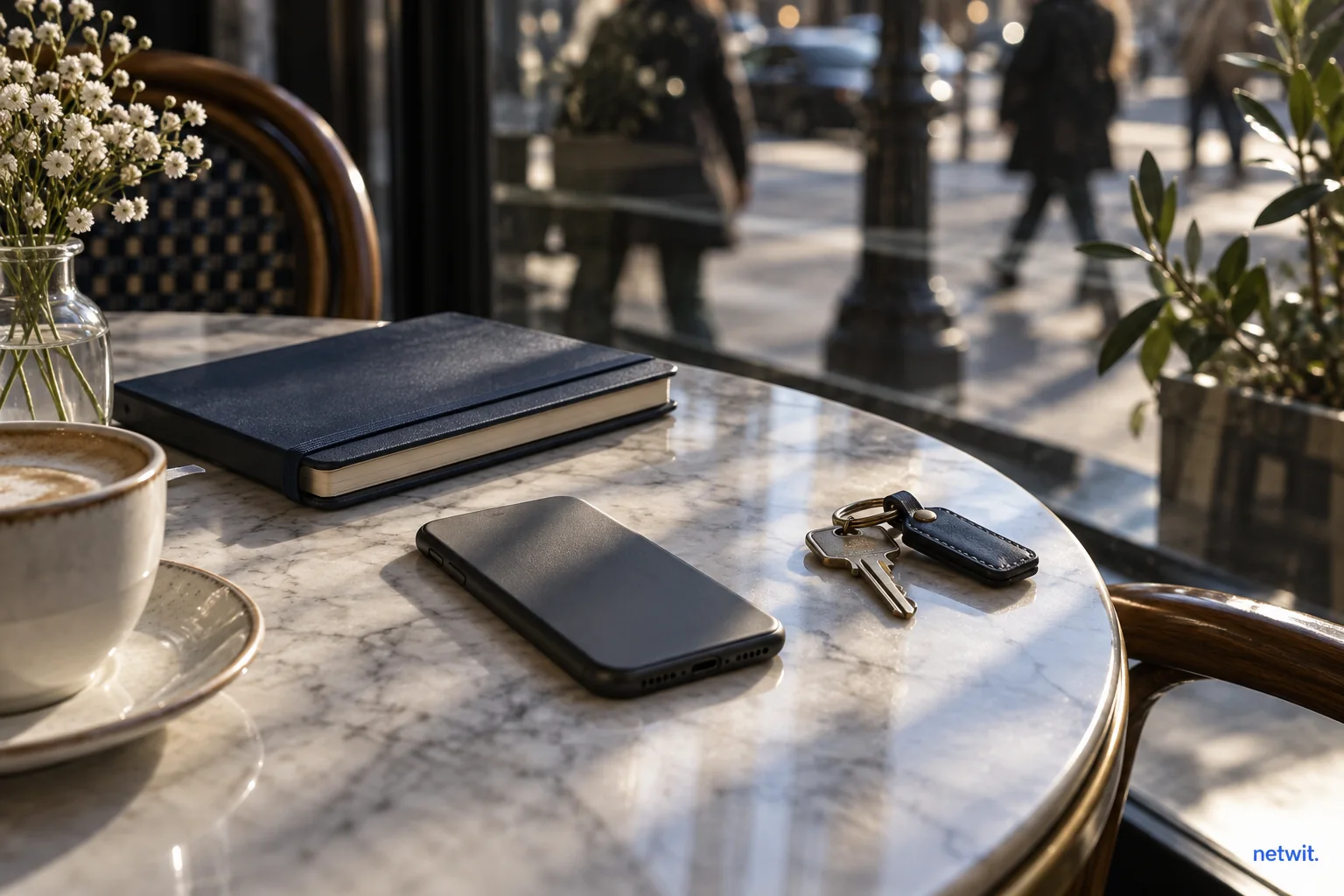 Smartphone face-down beside a house key and closed personal notebook on a cafe table, reflections of passing street life.