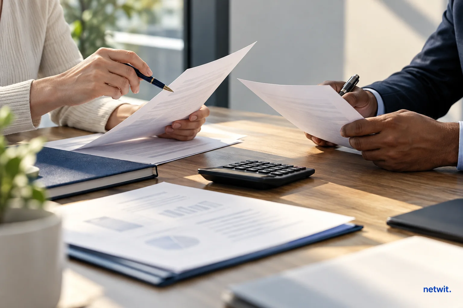 Two coworkers comparing unmarked salary documents across an office table, pens and simple calculator, hands only, no readable financial figures.