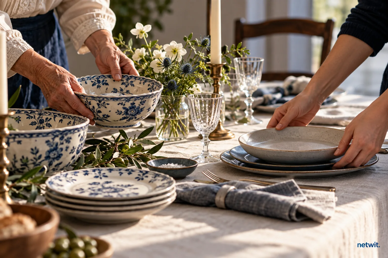 Older and younger hands arranging inherited ceramic dishes and modern plates together for a family celebration on a linen table.